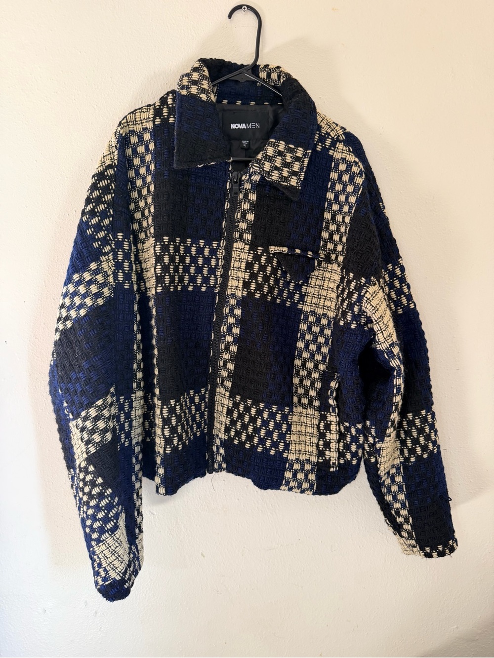 Navy & Cream Textured Plaid Jacket